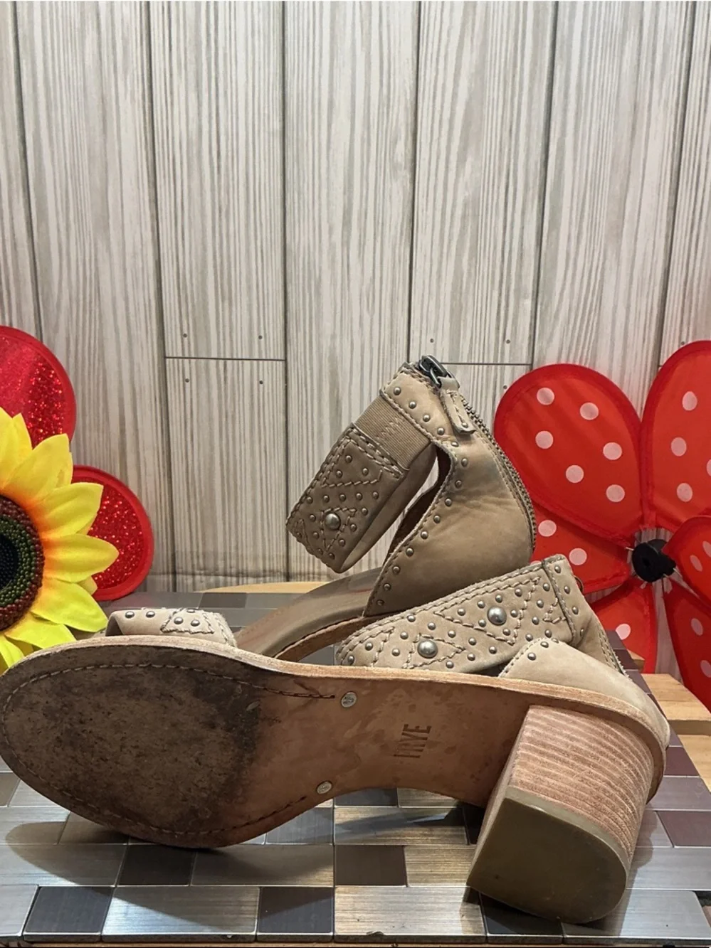 Frye Beige Studded Ankle-Strap Heeled Sandals